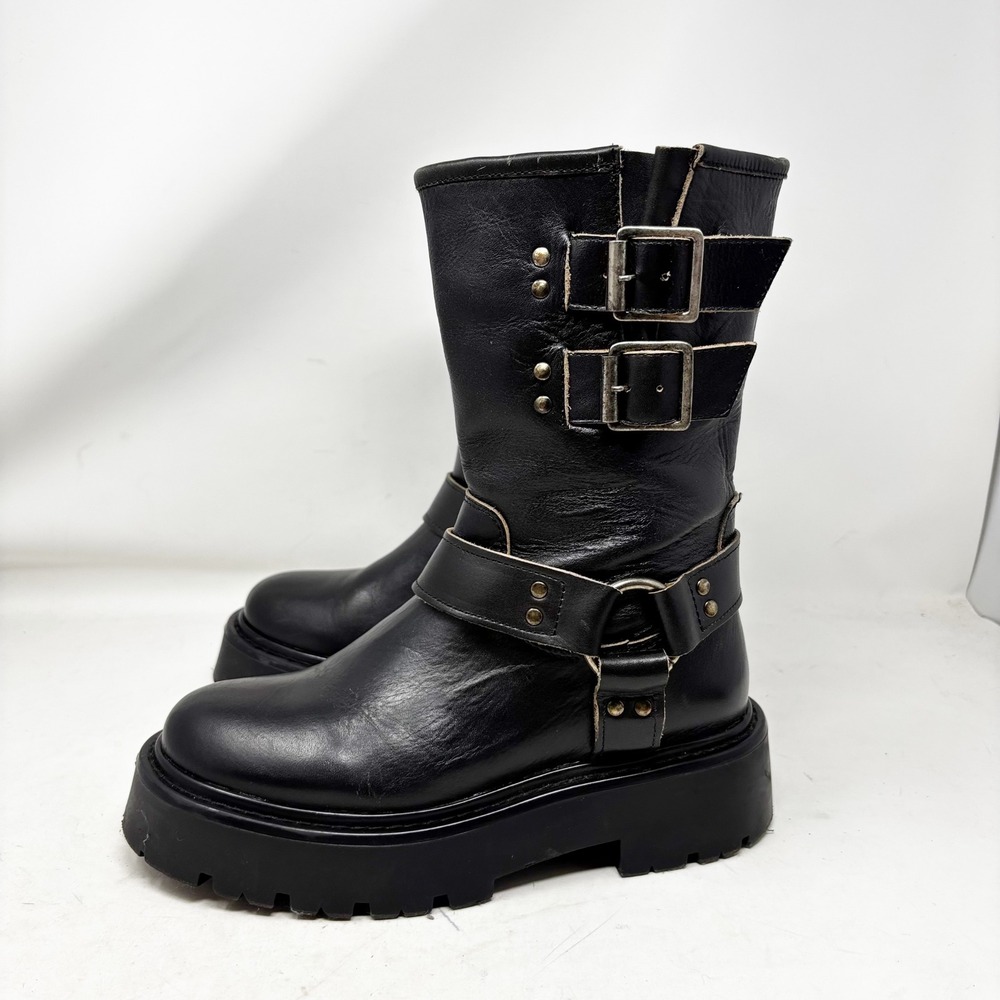 Steve Madden Black Leather Moto Harness Platform Lug Sole Boots Womens Size 7M